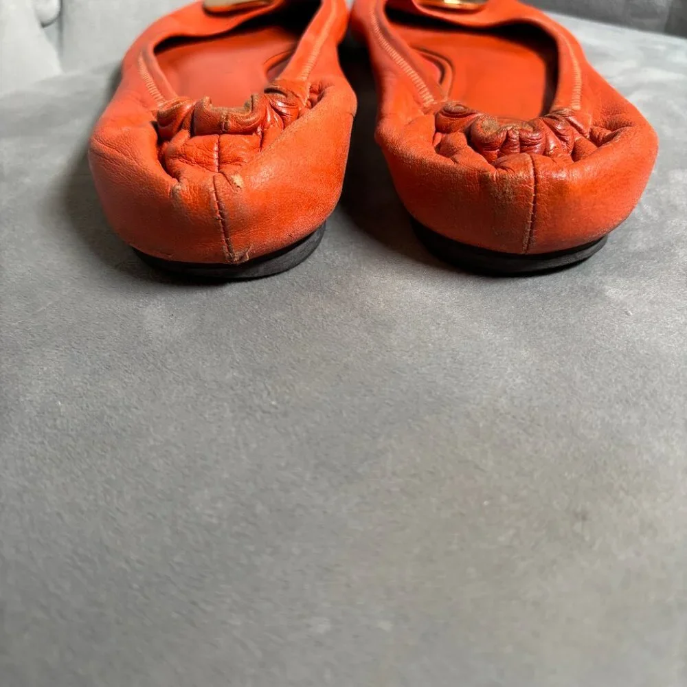 Tory Burch Minnie Travel‎ Ballet Flats Orange Leather Gold Logo – Women’s Size